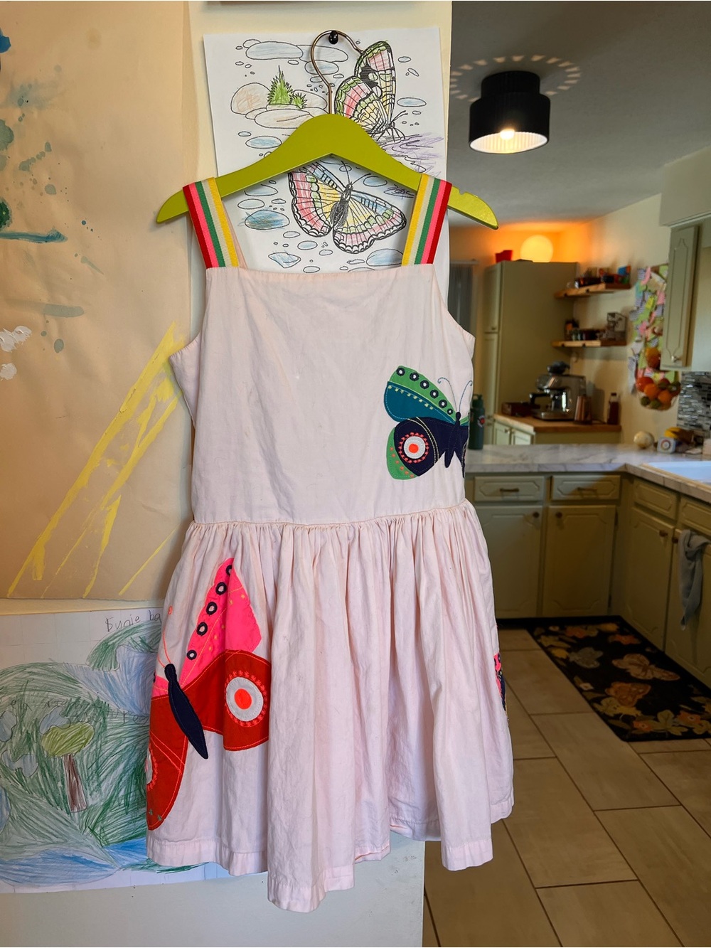 Mini Boden Light Pink Dress with Rainbow Straps and Colorful Butterfly Appliqués